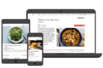 Three devices - an ereader, a smartphone, and a tablet - all loaded with pages from The Nork Times Cooking app, against a transparent background.