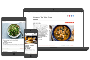 Three devices - an ereader, a smartphone, and a tablet - all loaded with pages from The New York Times Cooking app, against a transparent background.